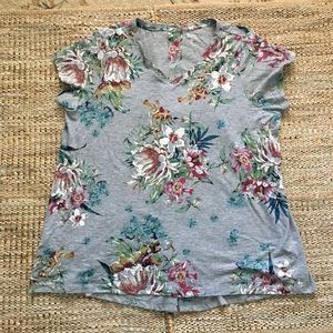 EUC Ruff Hewn Gray Floral Top with Button Back